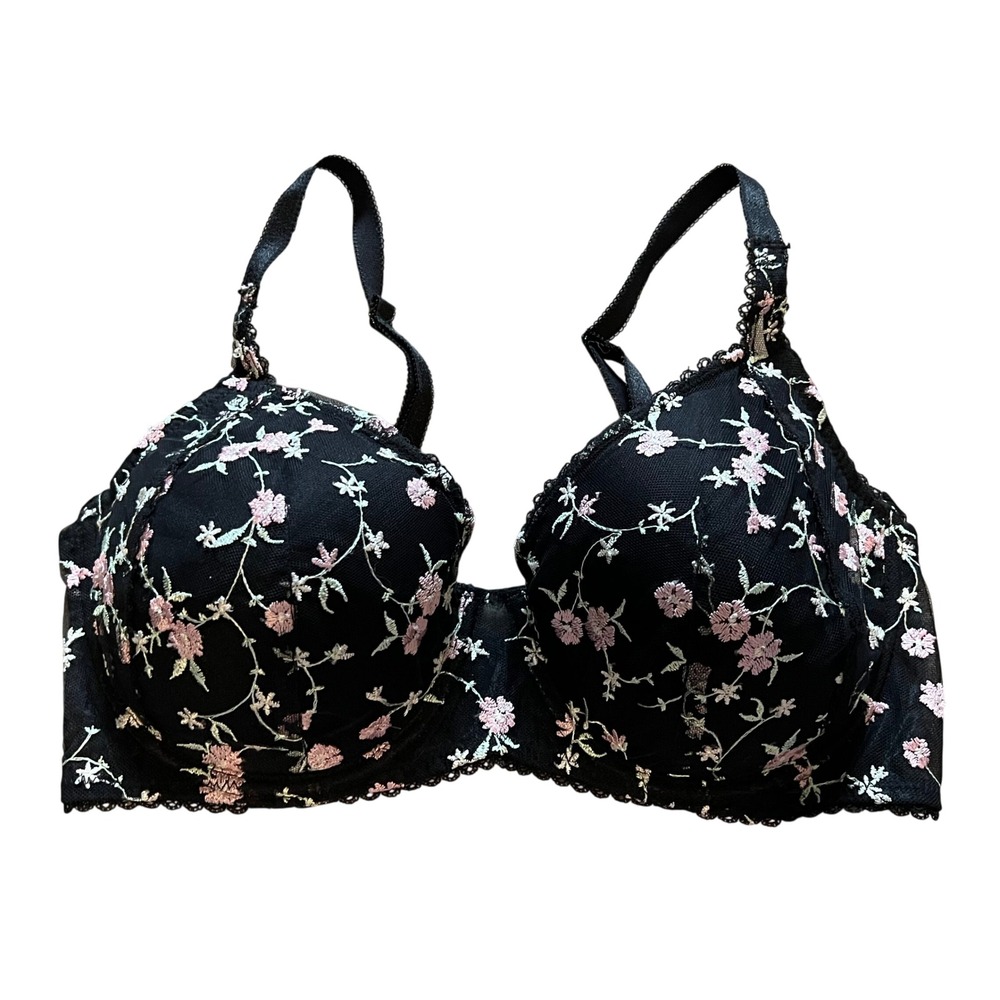 Adored by Adore Me Black Pink Floral Embroidered Underwire Bra 36DD